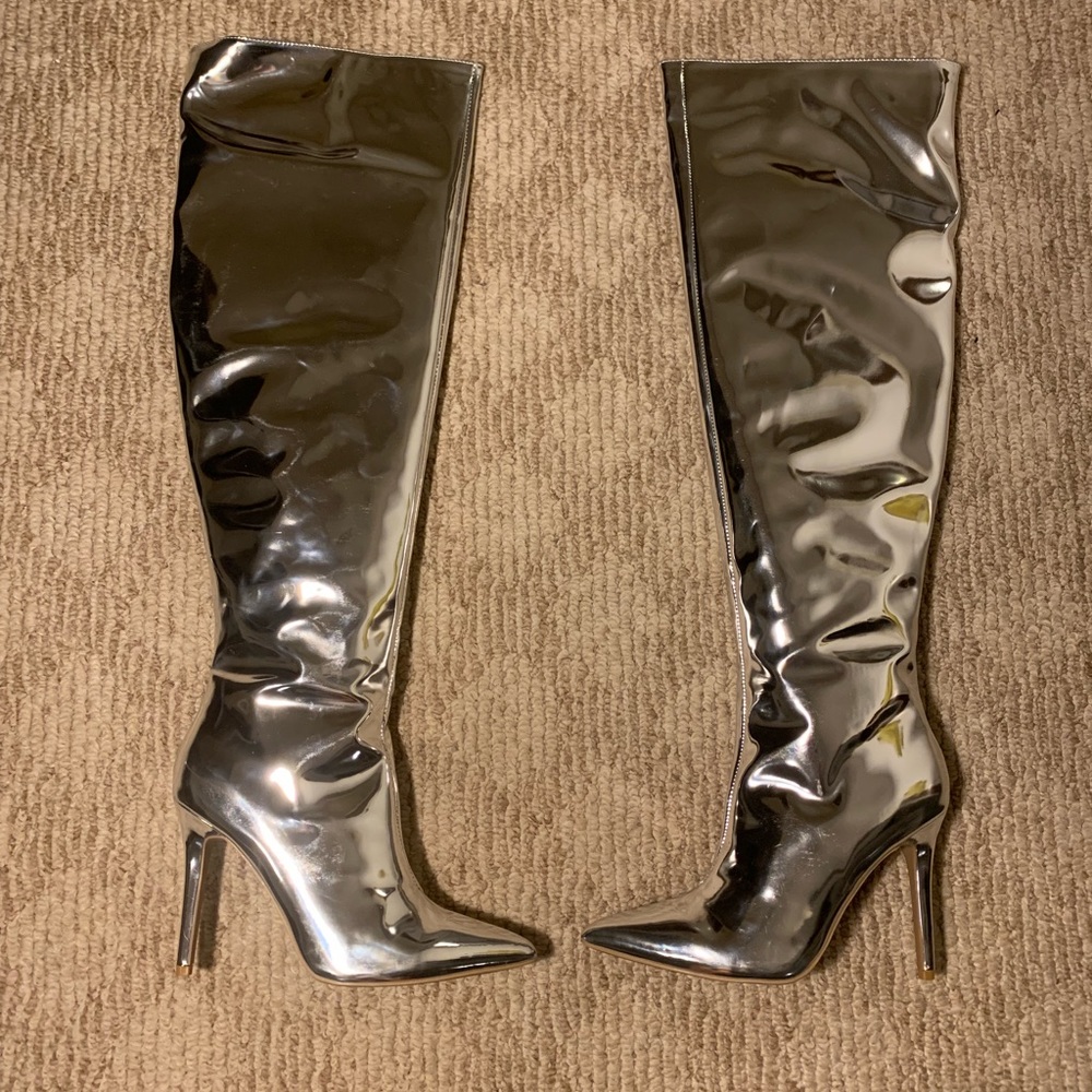 Qupid Chrome Pointed Toe Knee-High Boots